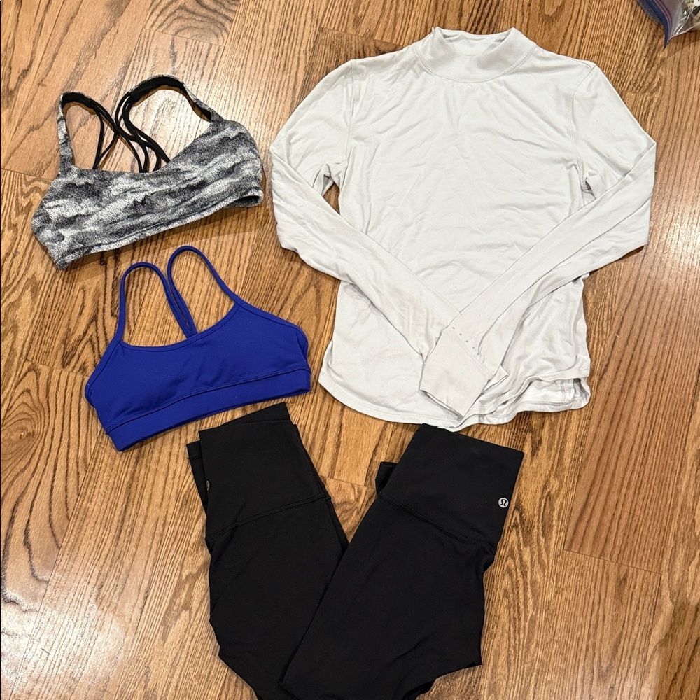 Lululemon leggings, 2 sports bra and long mock shirt